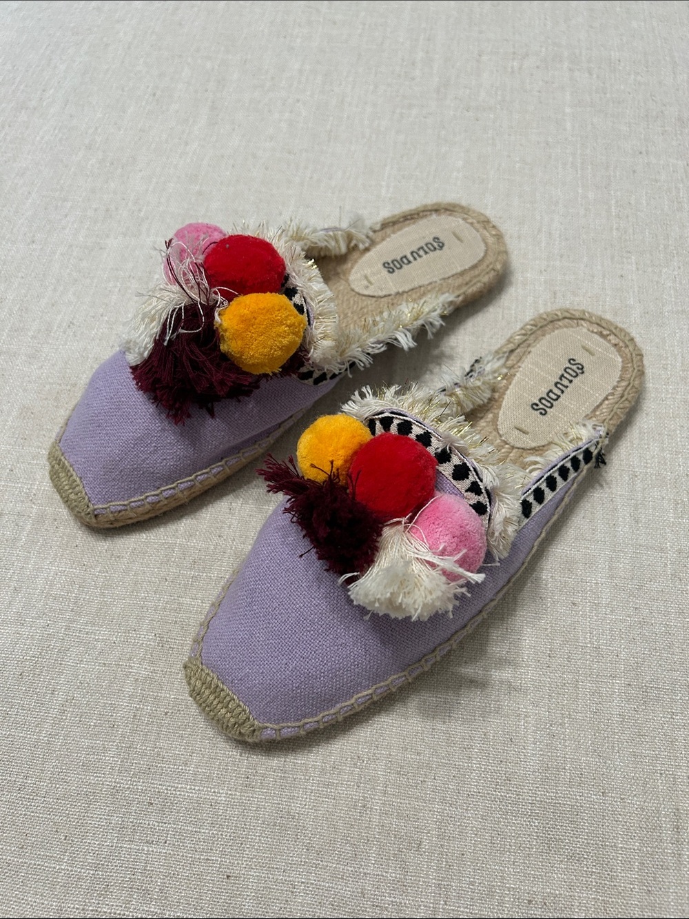 Soludos Coco Espadrille Slides Lavender Pom Pom Bohemian Tassel Summer Jute Sz 8